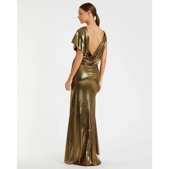 $498 New Ieena for Mac Duggal  Gold Asymmetrical Draped Metallic Trumpet Gown 4 - Picture 3 of 6